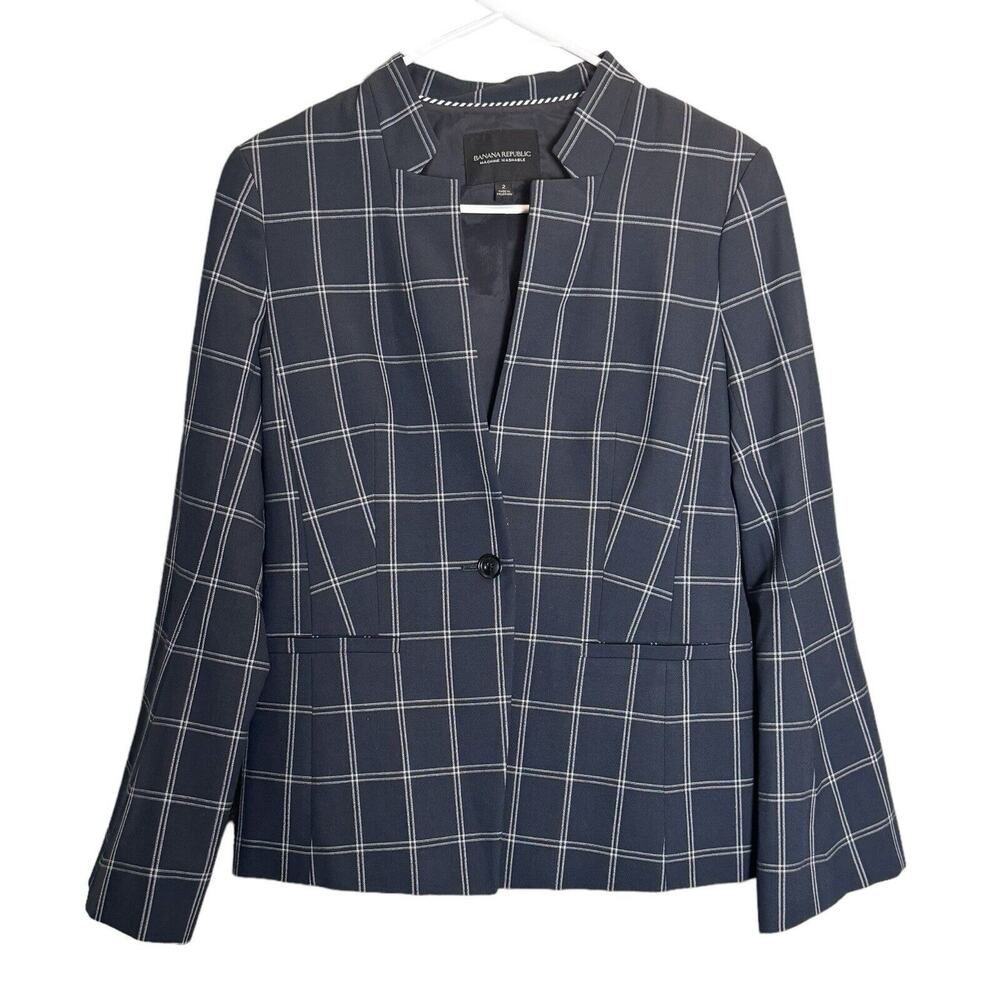 Banana Republic Womens Navy Blue Window Pane Flare Sleeve Blazer Career Size 2